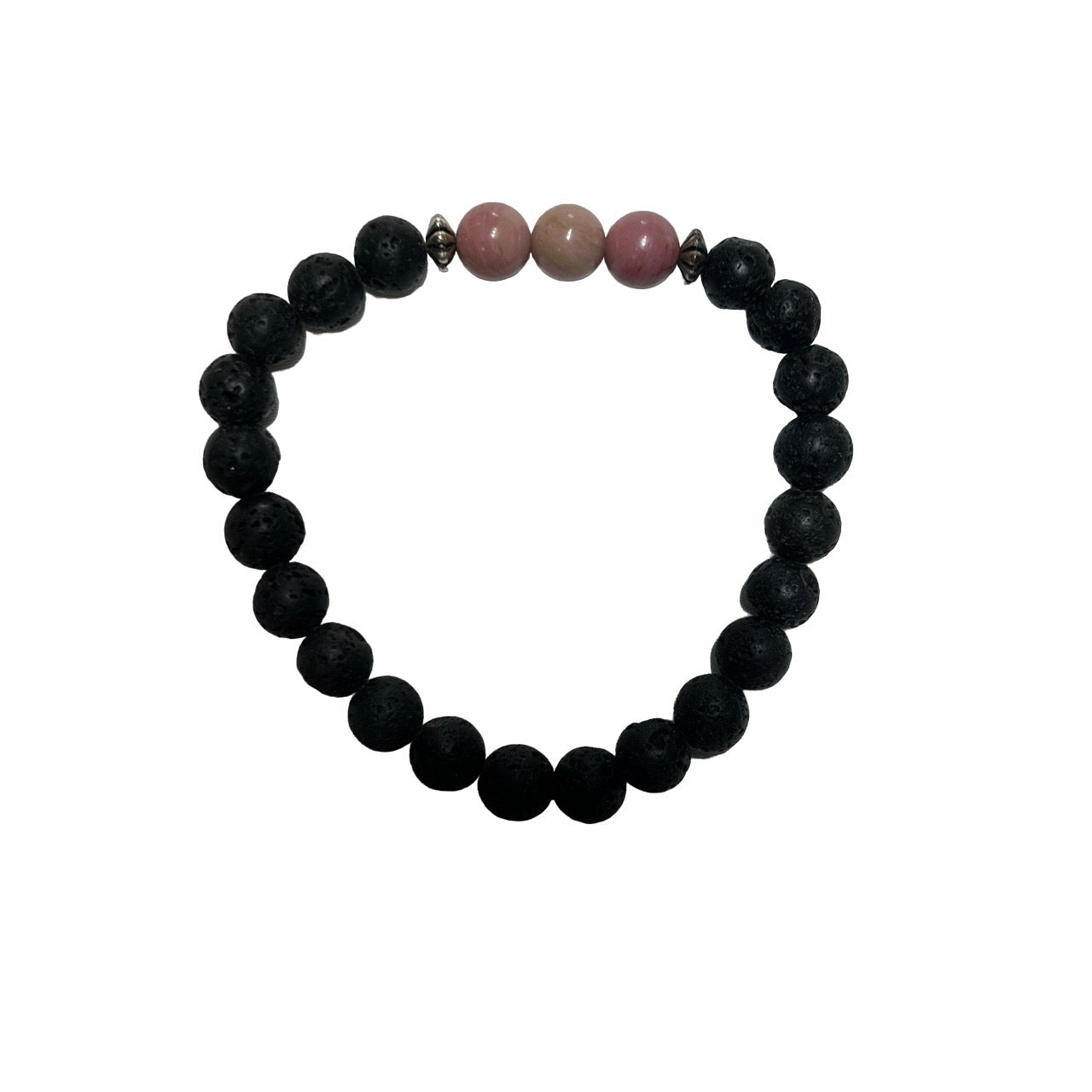 lava bead bracelet with three pink rhodonite gemstones