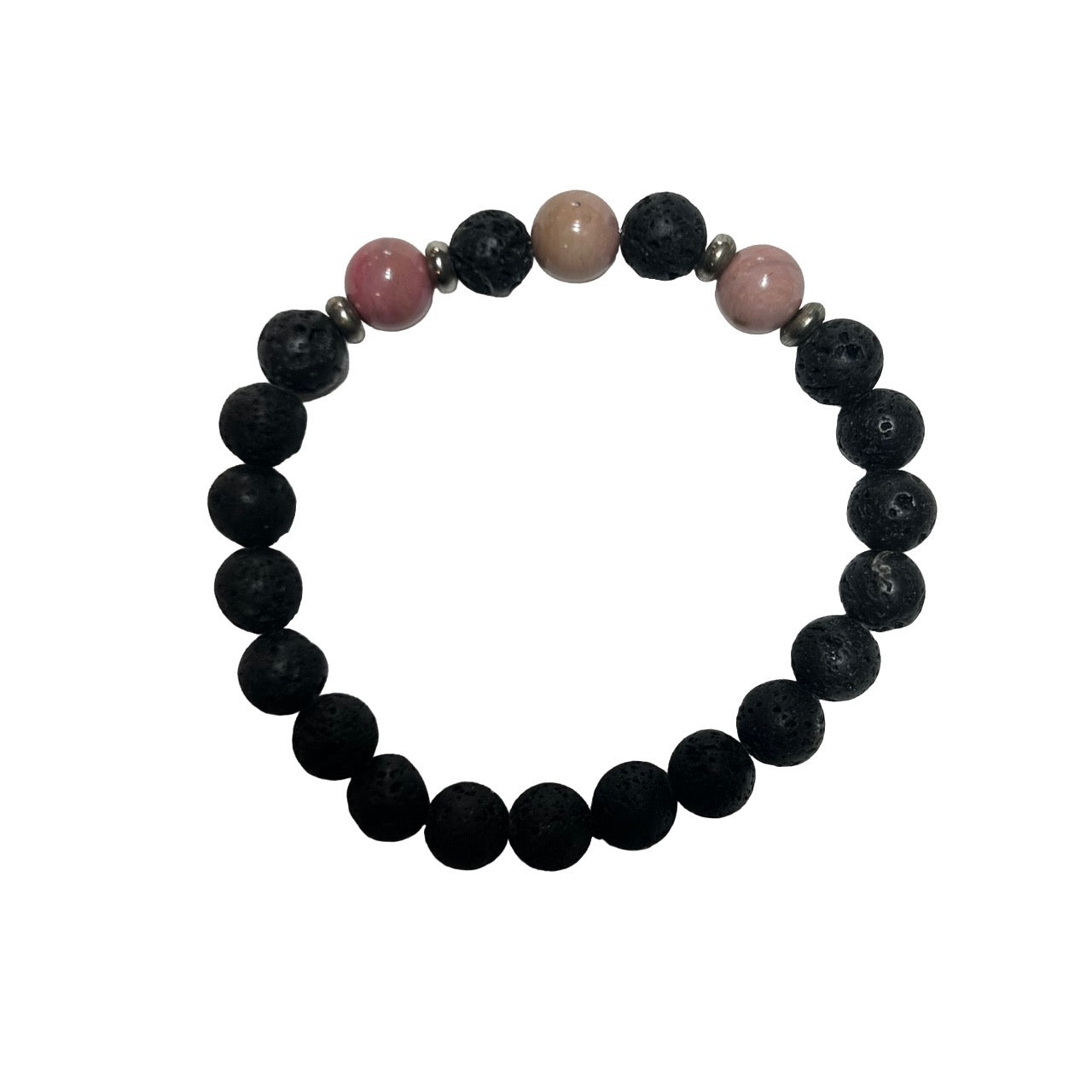 three pink rhodonite gemstones on lava bead bracelet