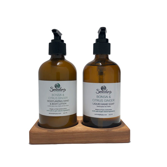 bonsai citrus ginger liquid soap and lotion in wooden base